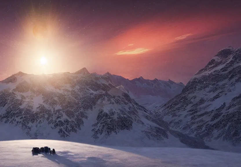 Image similar to fully photorealistic hdr eclipse at sunrise on snowy aurora mountaintop, distant glowing figures, masterpiece composition, art by john collier, albert aublet, artem demura, alphonse mucha, sharper luminescent focus, nd 6, hdr, movie still, cinematic diffuse lighting, artstation, textless, sharp focus