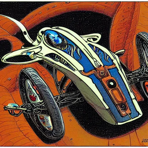 Image similar to flying alien motorcycle by Jean 'Moebius' Giraud