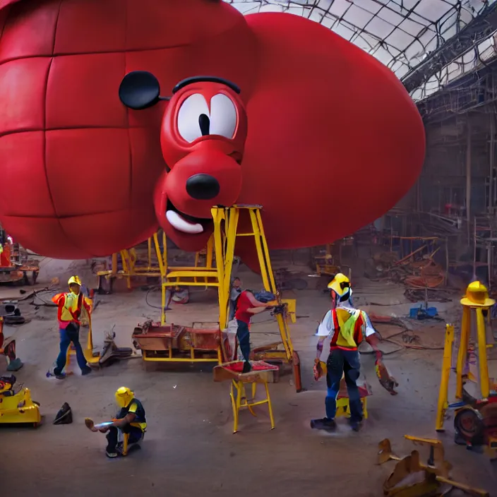 Image similar to crew of workers in red overalls building giant mickey mouse head in small workshop, octane render, 4 k ultra hd, hyper - detailed, realistic, low lighting, sharp focus, in style of beeple