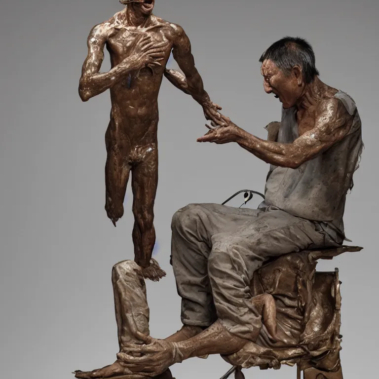 Prompt: hyperrealistic sculpture of a fossilized bronze male uyghur prisoner having surgery in a cage on a pedestal by ron mueck and duane hanson and lee bontecou and giacometti, hyperrealistic dramatic colored lighting trending on artstation 8 k