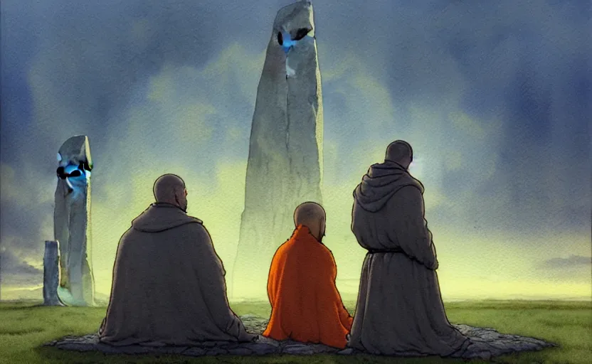 Image similar to a hyperrealist watercolour character concept art portrait of a small grey medieval monk and a giant orange medieval monk kneeling down in prayer in front of a futuristic stonehenge on a misty night. a ufo is in the sky. by rebecca guay, michael kaluta, charles vess and jean moebius giraud