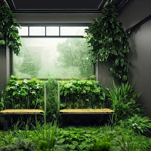 Image similar to two seats made of plants in a completely black room, hyperrealistic, concept art, octane render, unreal engine 5, trending on artstation, high quality, highly detailed, 8 k hdr, no lighting, path traced, black background, bloom, high coherence, symmetrical, high contrast, digital art, serene landscape, cinematic