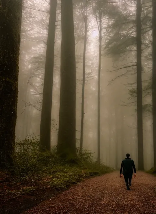 Image similar to a man walks towards the light in a dark forest, fog, rain, volumetric lighting, beautiful, mystique, golden hour, sharp focus, ultra detailed, jan urschel, dylan cole, marthe jonkers, james paick, thierry doizon, kai carpenter, ignacio fernandez rios, noir art house, 4 k, 3 5 mm, fujifilm