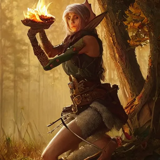 Image similar to An female elf ranger cooking a giant rat over a campfire, D&D, fantasy, intricate, highly detailed, oil painting, artstation, Greg Rutkowski, Artgerm, Alphonse Mucha, WLOP