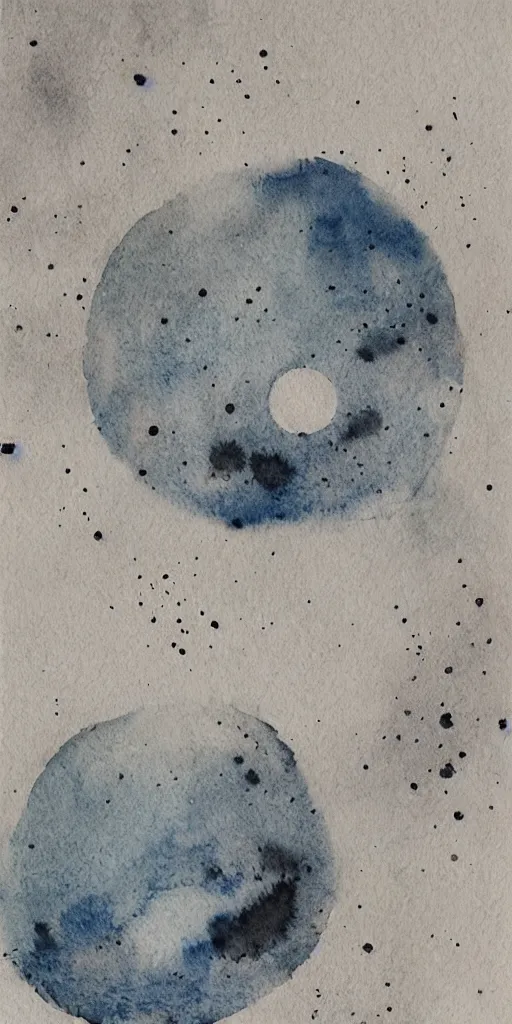 Image similar to traditional oriental water colour of space, liminal, lonely, highly detailed, black ink, moon hovers above