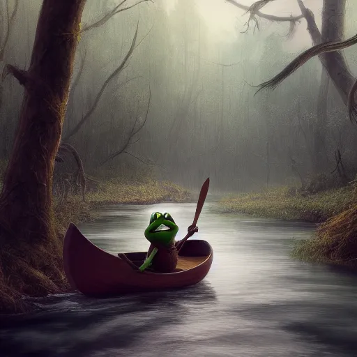 Image similar to Kermit the Frog riding a canoe down a stream, dark spooky forest in the backround surrounding him, hyperdetailed, artstation, cgsociety, 8k