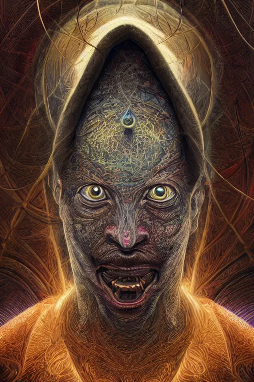 Prompt: cinematic portrait of Goblin. Centered, uncut, unzoom, symmetry. charachter illustration. Dmt entity manifestation. Surreal render, ultra realistic, zenith view. Made by hakan hisim feat cameron gray and alex grey. Polished. Inspired by patricio clarey, heidi taillefer scifi painter glenn brown. Slightly Decorated with Sacred geometry and fractals. Extremely ornated. artstation, cgsociety, unreal engine, ray tracing, detailed illustration, hd, 4k, digital art, overdetailed art. Intricate omnious visionary concept art, shamanic arts ayahuasca trip illustration. Extremely psychedelic. Dslr, tiltshift, dof. 64megapixel. complementing colors. Remixed by lyzergium.art feat binx.ly and machine.delusions. zerg aesthetics. Trending on artstation, deviantart
