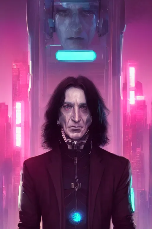 Image similar to portrait of cyborg severus snape in cyberpunk, neon lighting, night city, digital art from artstation by Ruan Jia and Mandy Jurgens and Artgerm and william-adolphe bouguereau and Greg Rutkowski