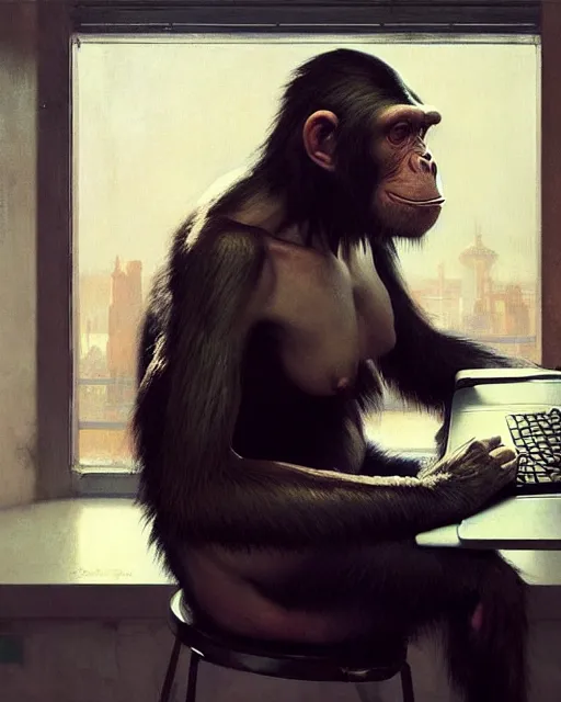 Image similar to cyberpunk chimpanzee cyborg at the computer. art by greg rutkowski, gustave courbet, rosa bonheur, edward hopper. faithfully depicted facial expression, perfect anatomy, sharp focus, global illumination, radiant light, detailed and intricate environment, trending on artstation