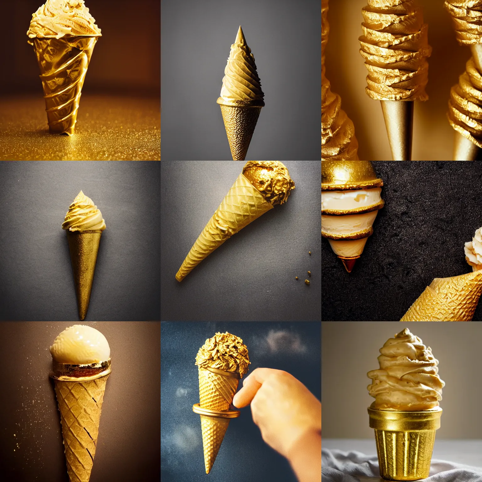 Prompt: golden icecream cone made of gold, atmospheric, golden, shiny, beautiful, food photography