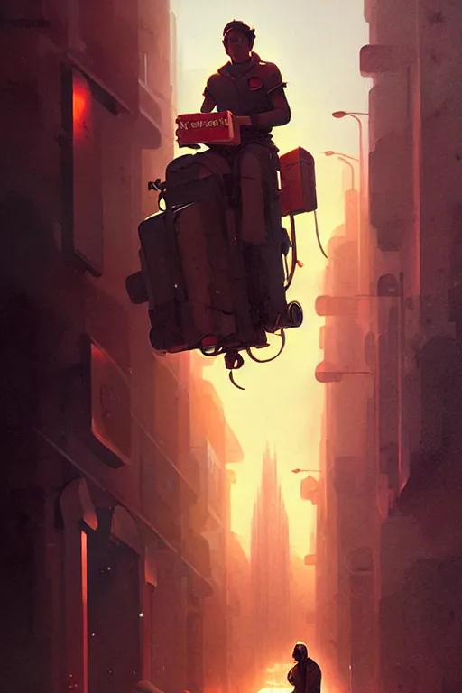 Prompt: greg rutkowski travel poster science fiction pizza delivery man