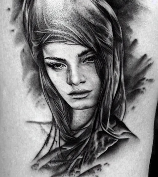 Image similar to a beautiful girl portrait, faded mountain background, realism tattoo, in the style of den yakovlev, black and white, hyper realistic, highly detailed