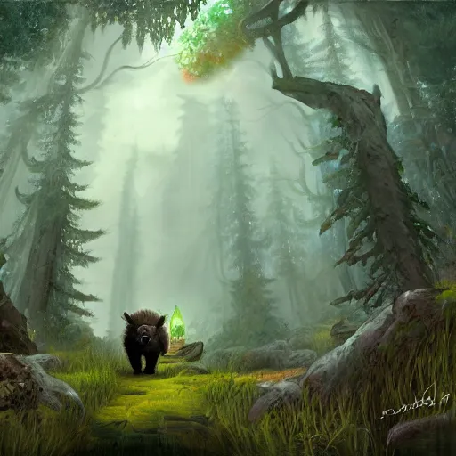 Prompt: a beautiful painting of a druid bear with moon markings walking through a mystic forest, world of warcraft concept art