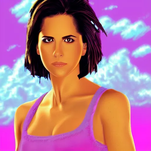 Prompt: a highly detailed and realistic concept art of Kelly Monaco in a vaporwave artwork composition, Windows98 logo, 8k, intricate, pastel colors