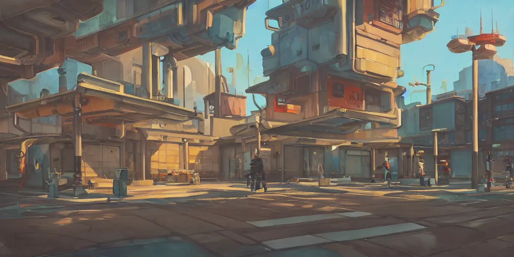 Prompt: overwatch building, stylized, exterior, architecture, in watercolor gouache detailed paintings, insanely detail, artstation, 8 k, futuristic, big medium small, arcane, simon stalenhag, food stall