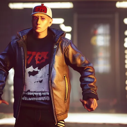 Prompt: a videogame still of Eminem in Tekken 7, 40mm lens, shallow depth of field, split lighting