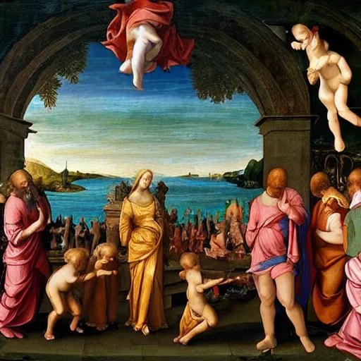 Image similar to renaissance painting of medieval waterpark, highly detailed, beautiful lighting
