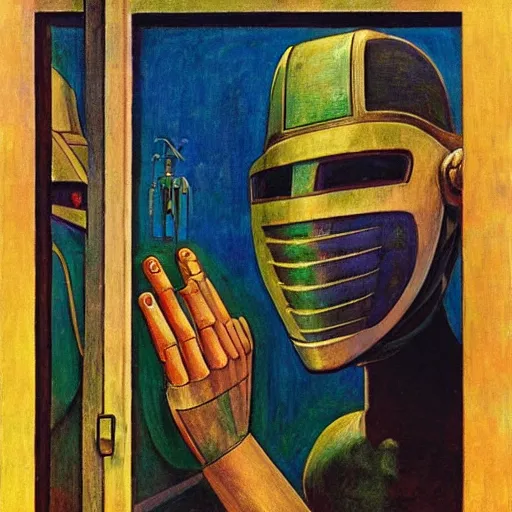 Image similar to the enemy in her robot mask is at the door, by annie swynnerton and kit williams and diego rivera and leo and diane dillon and nicholas roerich, symbolist, dramatic lighting, elaborate geometric ornament, art brut, god rays, soft cool colors, smooth, sharp focus, extremely detailed