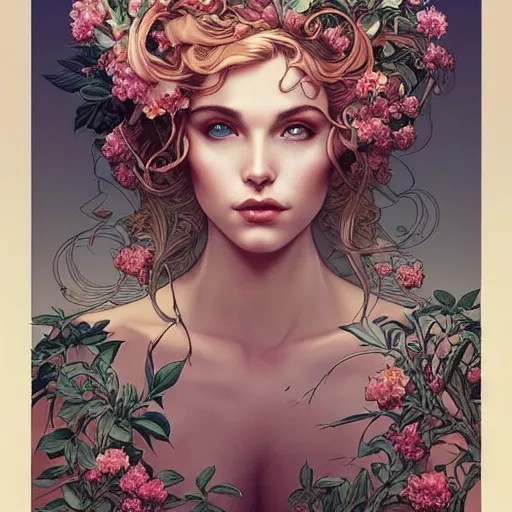 Prompt: a beautiful detailed front view portrait of a woman with ornate growing around, ornamentation, flowers, elegant, beautifully lit, artgerm, joshua middleton comic cover art,