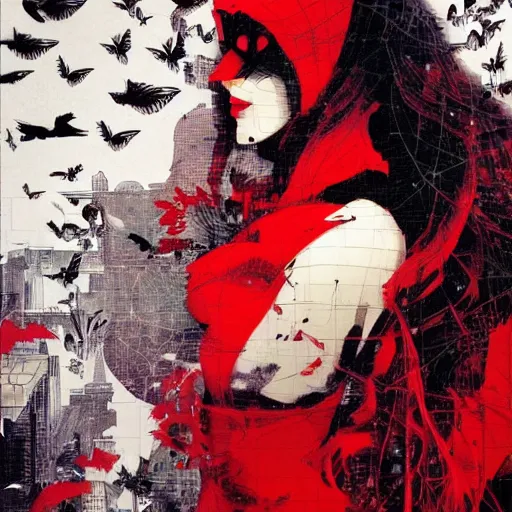 Image similar to portrait of a daydreaming latina woman in a red hood being progressively rasterized into pixels, surrounded by digital birds, by yoji shinkawa, esao andrews and dave mckean