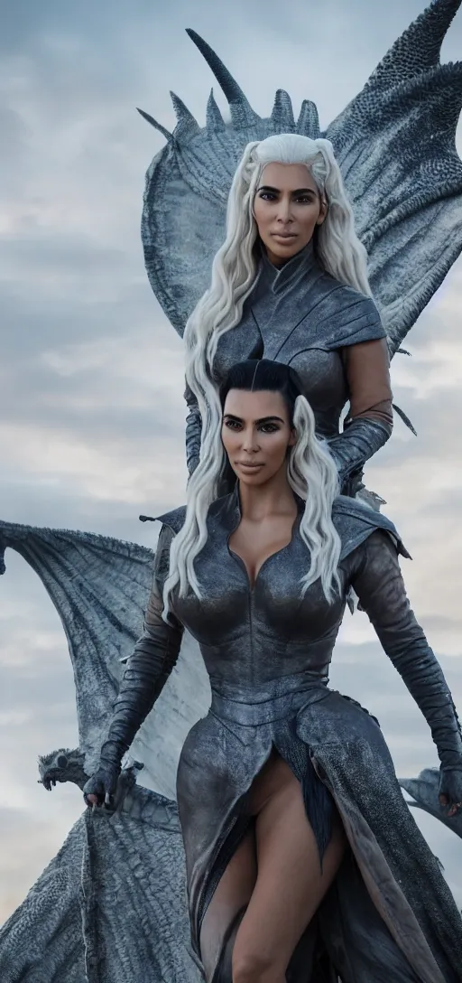 Image similar to Kim Kardashian as Daenerys Targaryen riding a dragon, XF IQ4, 150MP, 50mm, F1.4, ISO 200, 1/160s, natural light