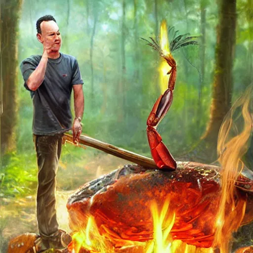 Image similar to Tom Hanks as forrest holding a giant shrimp on a stick over a campfire in the jungle, realistic digital painting, in the style of Aleksi Briclot, photoreailstic, realistic face, amazing detail, sharp