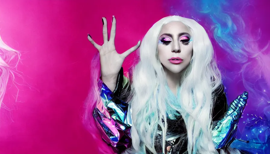 Image similar to lady gaga with long white hair holding a peace sign, an album cover by Hedi Xandt, featured on deviantart, holography, smokey background, matte background, seapunk High resolution. Highly detailed. Dramatic. 8k.4k.