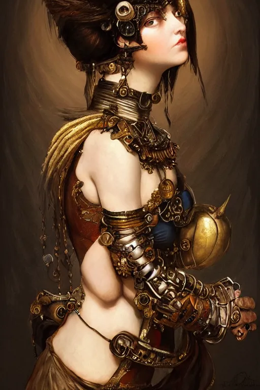 Image similar to portrait, headshot, digital painting, of a 17th century, beautiful clockwork cyborg girl merchant, dark hair, amber jewels, baroque, ornate clothing, scifi, futuristic, realistic, hyperdetailed, underexposed, chiaroscuro, concept art, art by waterhouse and caravaggio