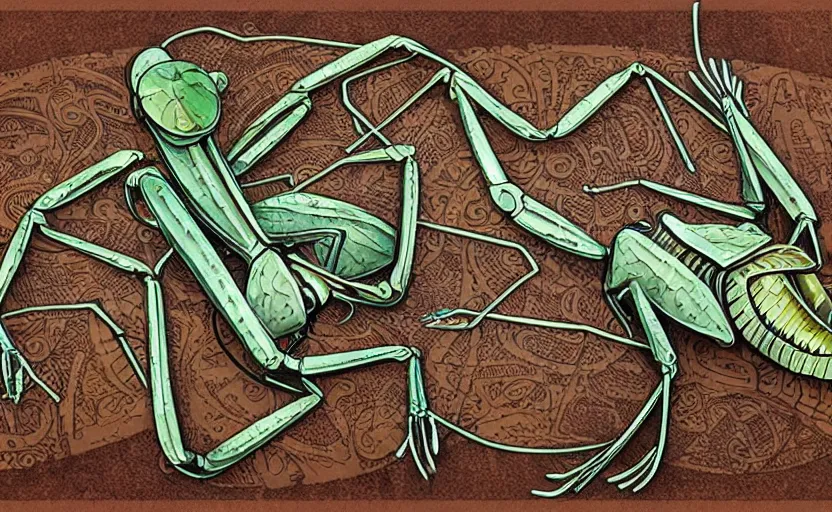 Image similar to mechanical praying mantis with small parts and intricate details, metal scapes, steampunk, art nouveau style