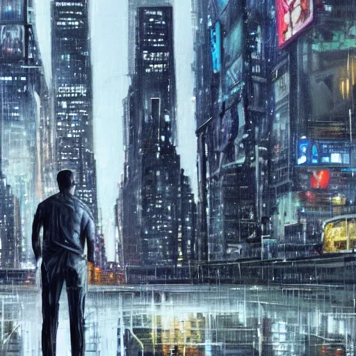 Prompt: hyper realistic oil painting of a cyberpunk men holding a cool a lot of central park building are in the background and it's raining