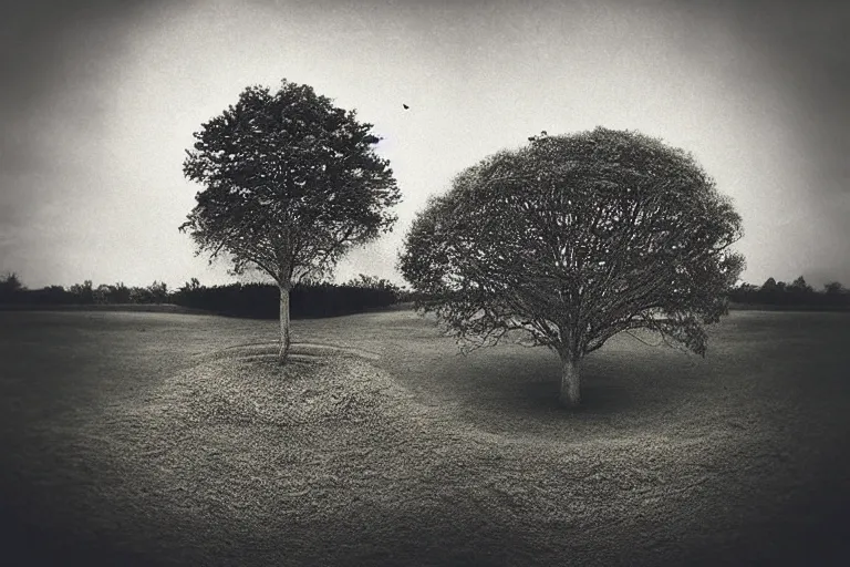 Image similar to “Photo in style of Matt Mahurin. Close-up of a serious old man in a garden full of levitating trees. The dark sky is torn open like a paper and bright light shines through it. Dark. Cinematic lighting. Old grainy photo.”