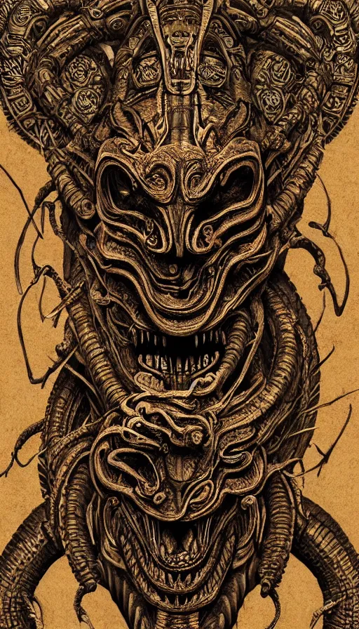 Prompt: ancient biomechanical hybrid aztec fantasy human serpent demon face mask tattoo pattern concept, teonanacatl glyph, intricate artwork by, Johnatan Wayshak, Zdizslaw Beksinski, Artgerm, H.R. Giger, very coherent artwork, cinematic, hyper realism, high detail, octane render, unreal engine, 8k, High contrast, higly detailed black ink outline, crosshatch sketch gradient