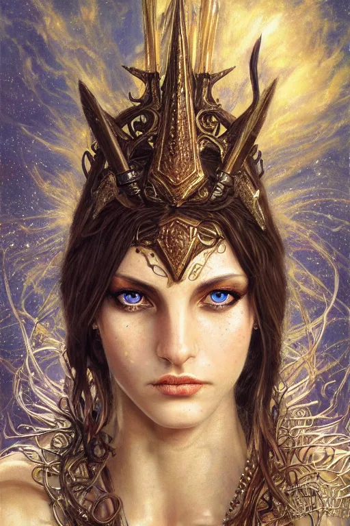 Prompt: high quality extremely detailed closeup portrait of a young gorgeous female warlock looking away from the camera, detailed eyes, sparkle in eyes, no hands visible, fantasy, d & d, intricate, painting by lucian freud and mark brooks, hd