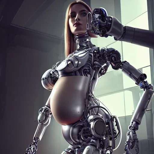 Prompt: pregnant female cyborg, robot anatomy elements, female body elements, cozy atmospheric and cinematic lighting, ultra rendered extreme realism and detail, 8 k, photorealistic, sharp focus