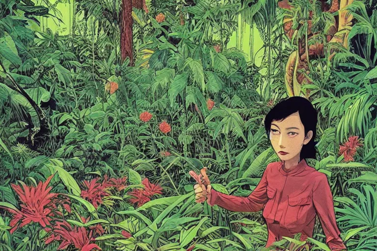 Prompt: woman, dense jungle, trees, huge flowers, risograph!, omnious, dark, oldschool vintage sci - fi flat surreal design, super - detailed, painting by moebius and satoshi kon and jodorowski and katsuhiro otomo and kim jung gi, hd, 4 k, high quality