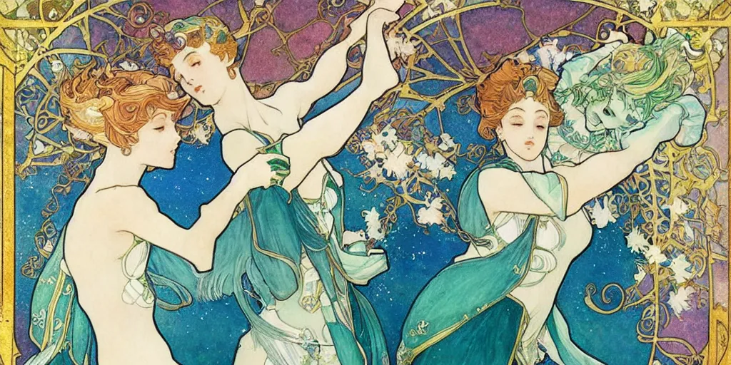 Image similar to a fresco of sailor neptune and sailor uranus dancing. beautiful, realistic painting by mucha and kuvshinov and bilibin. watercolor, thick lining, manga