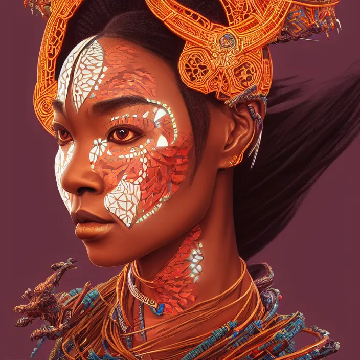 Image similar to symmetry! portrait of a hybrid african woman, face decorated with chinese opera motifs, leds horizon zero dawn machine, intricate, elegant, highly detailed, digital painting, artstation, concept art, smooth, sharp focus, illustration, art by artgerm and greg rutkowski and alphonse mucha, 8 k