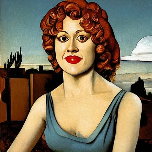 Image similar to very detailed and colorful portrait of bernadette peters smiling, painted by giorgio de chirico