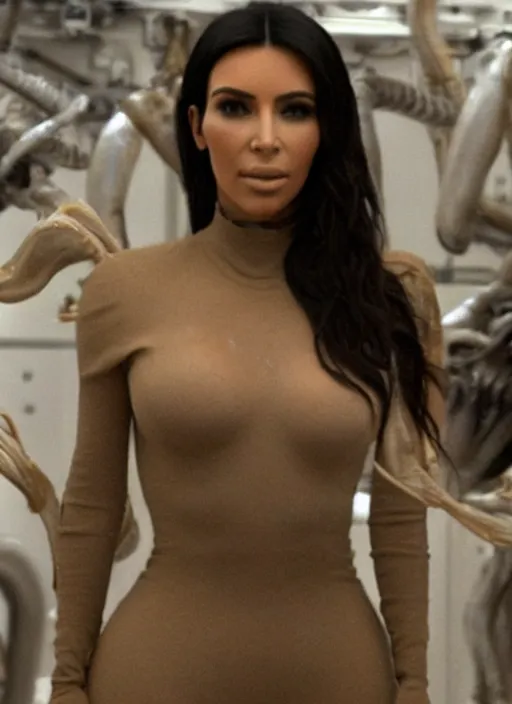 Prompt: movie still of kim kardashian wearing alien facehugger mask, in the movie alien. cinematic full shot.