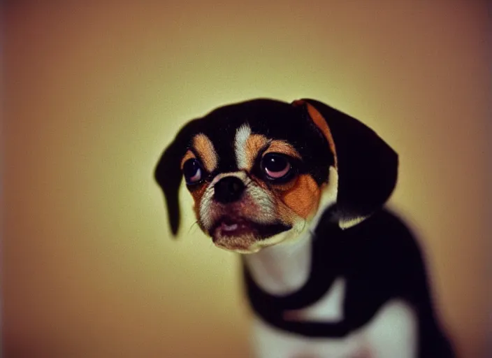 Prompt: a extreme close - up photo, color studio photographic portrait of a little dog, dramatic backlighting, 1 9 9 3 photo from life magazine,
