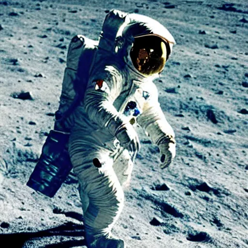 Prompt: old photograph of astronaut playing blue guitar on the moon, photorealistic, high detail, moon landing