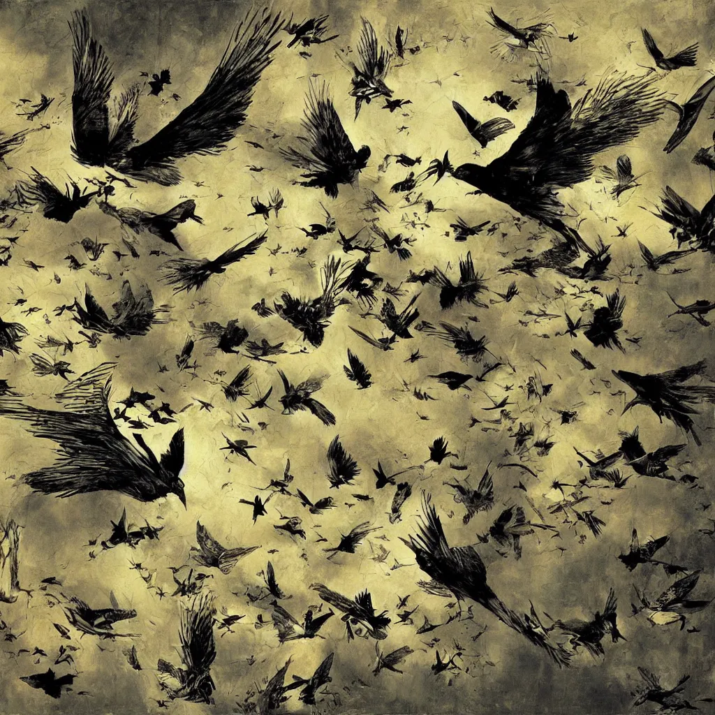 Image similar to digital birds fly over a progressively rasterized, oil on canvas by dave mckean and ivan shishkin