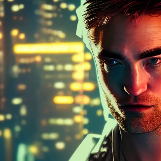 Prompt: robert pattinson portrait, Cyberpunk 2077, cyberpsycho, photorealistic, ultra detailed, neon, octane, bokeh, cyber, cyberpunk city, feature, scars, cyberface, 8k