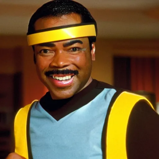 Image similar to Geordi LaForge wearing visor and a colander and random kitchen tools on his head