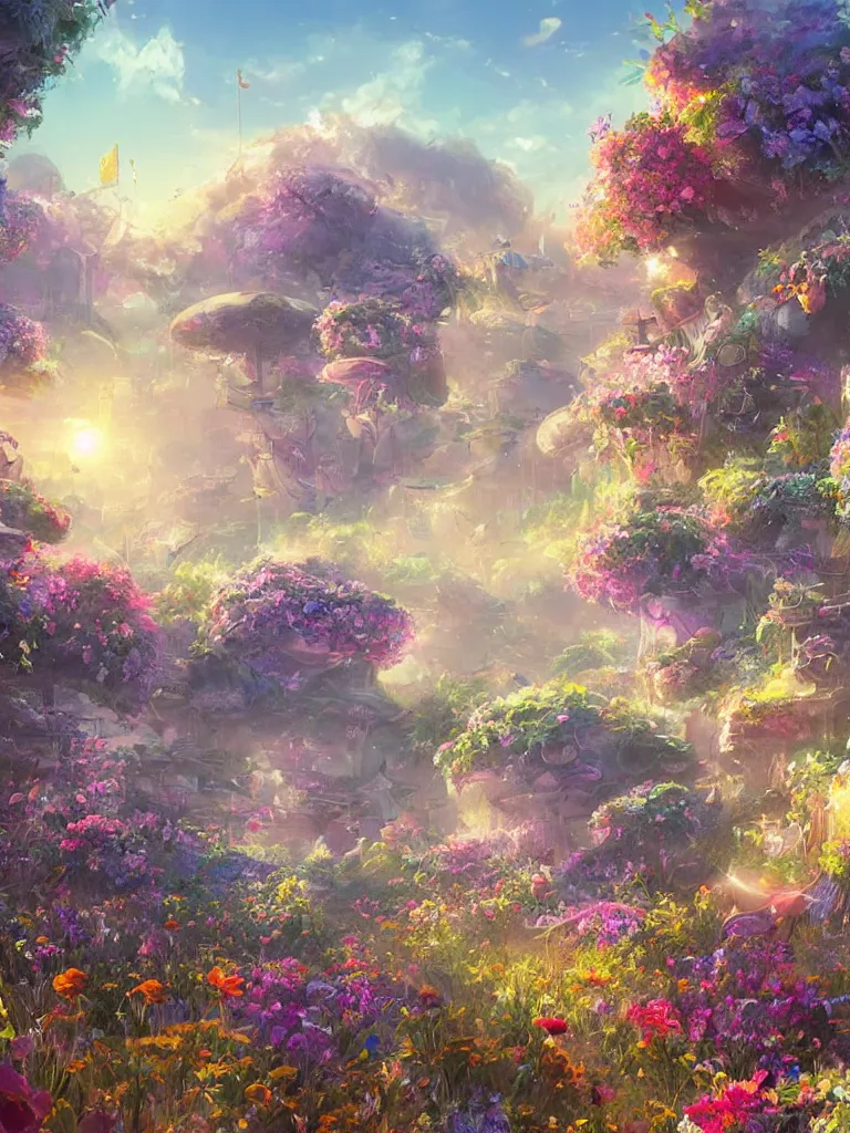 Image similar to a dream flower garden near a seaside spaceport environment where one draws mystical energy into their lives, background art, pristine concept art, small, medium and large design elements, golden hour, in the style of WLOP and Ross Tran