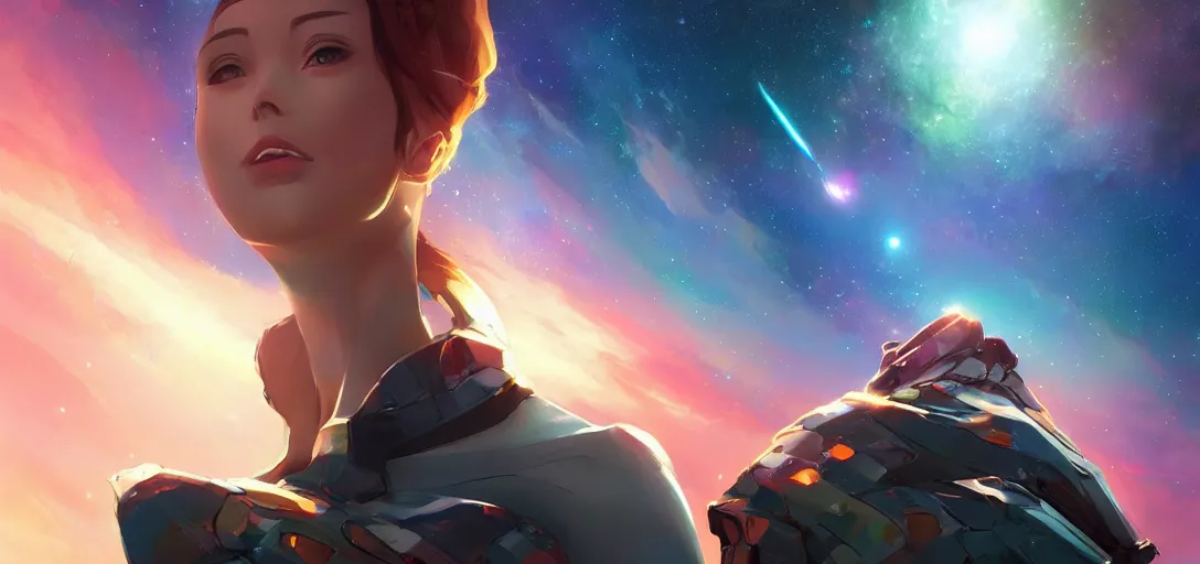 Image similar to a dramatic upward angle of a beautiful galaxy, view from a starship, digital art, incredibly beautiful render, art by artgerm and brian sum cinematic lighting, very coherent, hyper realism, high detail, 8 k jesper ejsing, by rhads, makoto shinkai and lois van baarle