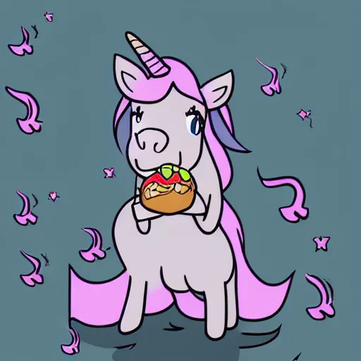 Prompt: a pretty pink unicorn character eating a little hamburger on the ground in a field | digital art | cell shading | very high quality | very detailed | totally awesome | very cute | horselike | eating a little hamburger | very beautiful