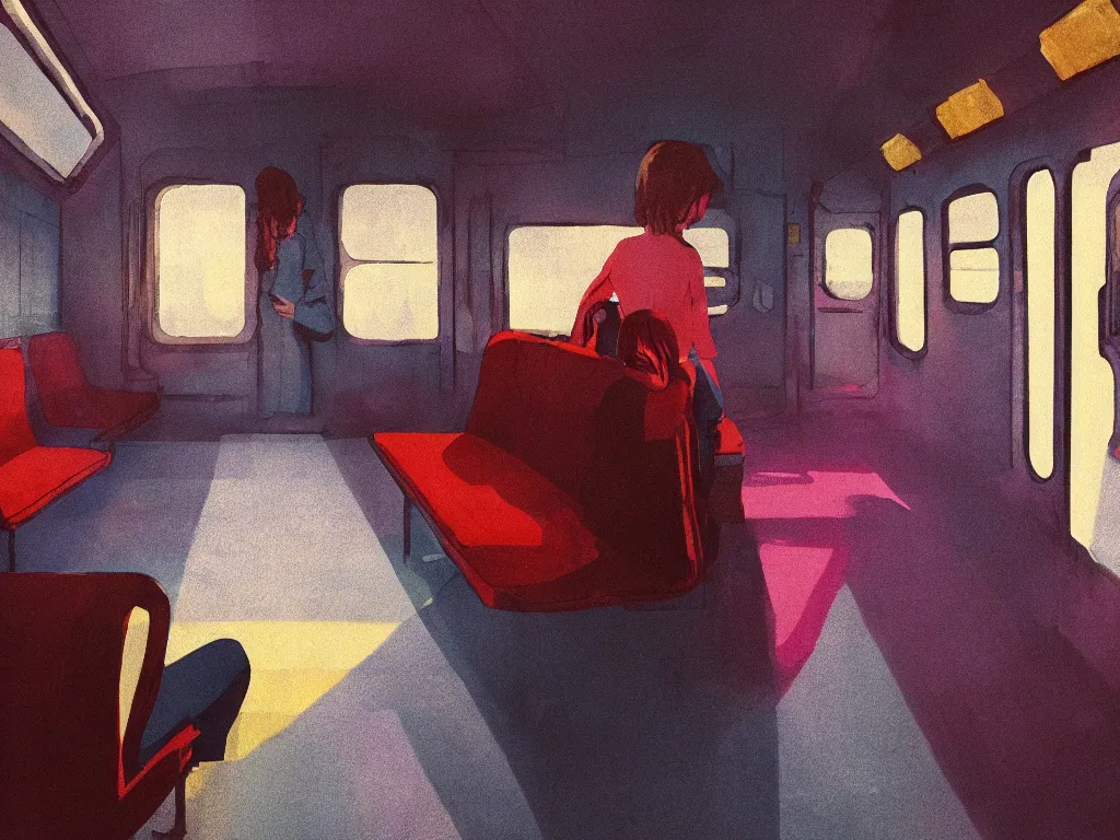 Prompt: lone girl waiting inside a 70s train in a half remembered dream, stanley kubrick the shinning, vibrant colors americana, cinematic, volumetric lighting, god rays, sunset, realistic, detailed, studio ghibli anime style