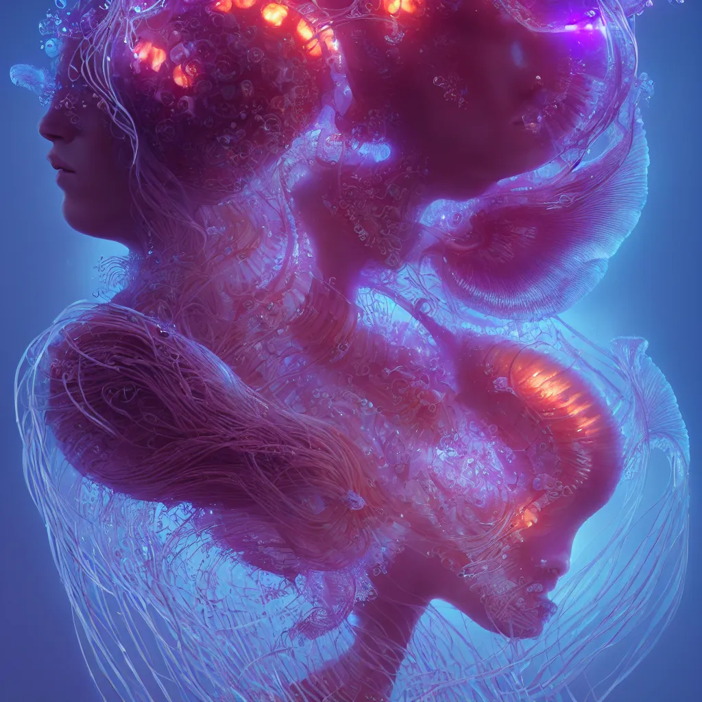 Image similar to goddess close-up portrait. orchid jellyfish phoenix head, nautilus, skull, betta fish, bioluminiscent creatures, intricate artwork by Tooth Wu and wlop and beeple. octane render, trending on artstation, greg rutkowski very coherent symmetrical artwork. cinematic, hyper realism, high detail, octane render, 8k