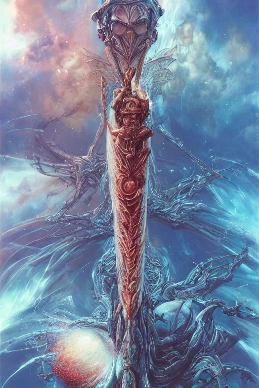 Image similar to now is the time to relaunch the dream weapon, by artgerm and yoshitaka amano and moebius and hr giger and zdislaw beksinski, hyperdetailed, surreal, dc comics, ornate, stunning, nebula, explosions in the sky, trending on artstation